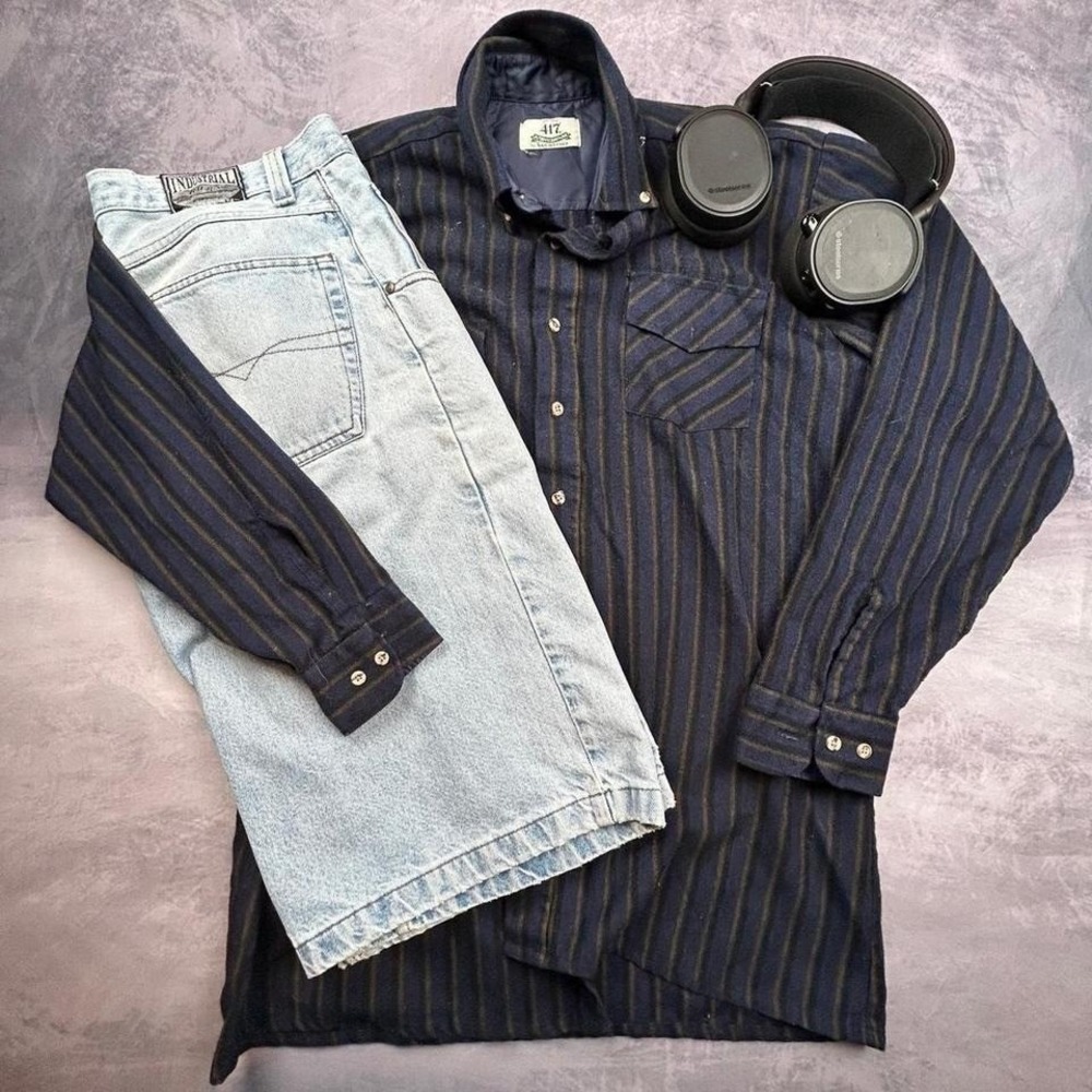 Dark Striped Button-Up‎ Shirt Chest Pockets Vintage Casual Y2K Streetwear XL